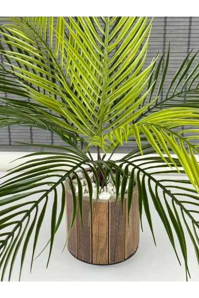 Bahçem Yapay Çiçek Palmiye Ahşap Saksılı Areka Yapay Bitki Salon Çiçeği 9 Dallı 50cm