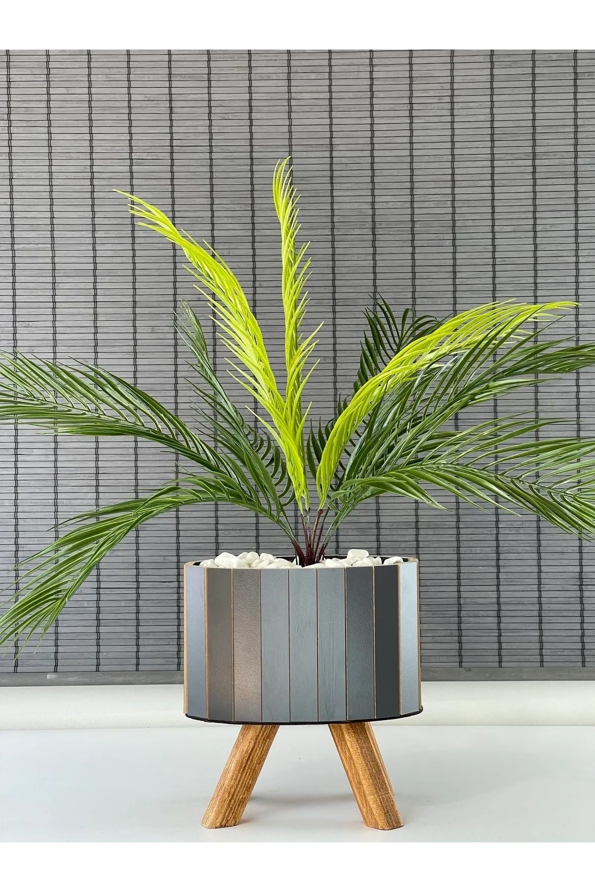 Bahçem Yapay Çiçek Palmiye Ahşap Elips Saksılı Areka Yapay Bitki Salon Çiçeği 9 Dallı 65cm
