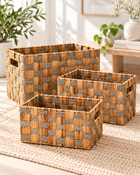 Bahçem 3’lü Dikdörtgen Hasır Sepet Seti – Raf Dolap Banyo Mutfak Organizer ve Saklama Sepeti