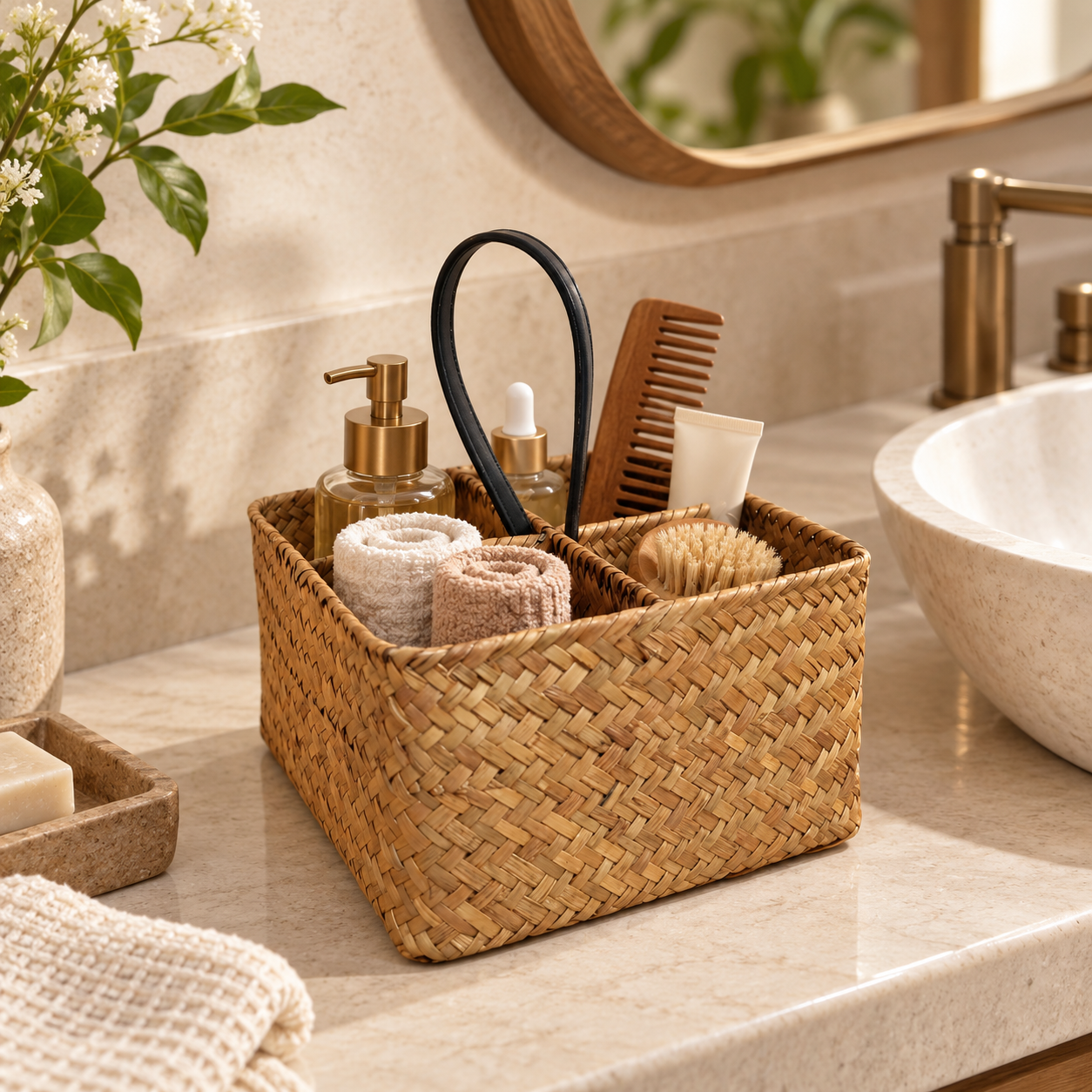 Bahçem Dekoratif Bambu Hasır Banyo Organizer / Kaşıklık / Dekoratif Obje 4 Bölmeli 20x20x11 Cm