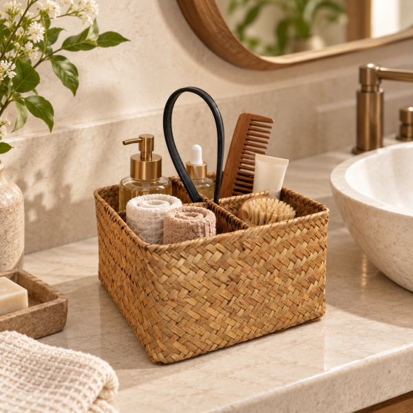 Bahçem Dekoratif Bambu Hasır Banyo Organizer / Kaşıklık / Dekoratif Obje 4 Bölmeli 20x20x11 Cm
