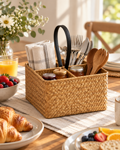 Bahçem Dekoratif Bambu Hasır Banyo Organizer / Kaşıklık / Dekoratif Obje 4 Bölmeli 20x20x11 Cm