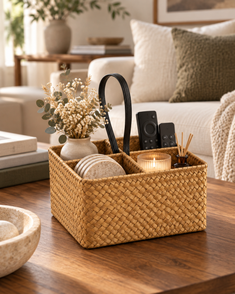 Bahçem Dekoratif Bambu Hasır Banyo Organizer / Kaşıklık / Dekoratif Obje 4 Bölmeli 20x20x11 Cm