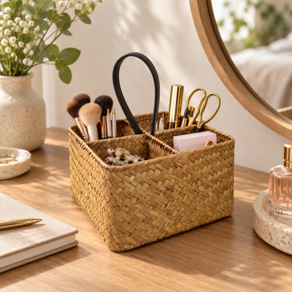 Bahçem Dekoratif Bambu Hasır Banyo Organizer / Kaşıklık / Dekoratif Obje 4 Bölmeli 20x20x11 Cm