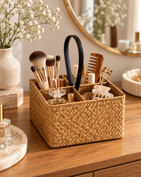 Bahçem Dekoratif Bambu Hasır Banyo Organizer / Kaşıklık / Dekoratif Obje 4 Bölmeli 20x20x11 Cm