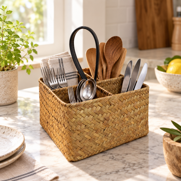 Bahçem Dekoratif Bambu Hasır Banyo Organizer / Kaşıklık / Dekoratif Obje 4 Bölmeli 20x20x11 Cm