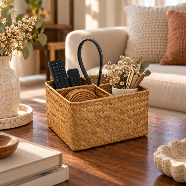 Bahçem Dekoratif Bambu Hasır Banyo Organizer / Kaşıklık / Dekoratif Obje 4 Bölmeli 20x20x11 Cm