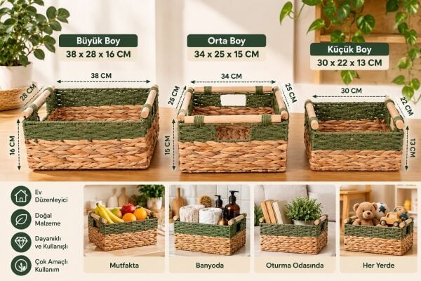 Bahçem Dekoratif Water Hyacinth / Su Sümbülü Dikdörtgen Yeşil Detaylı Ahşap Kulplu Sepet 3'lü Takım Set