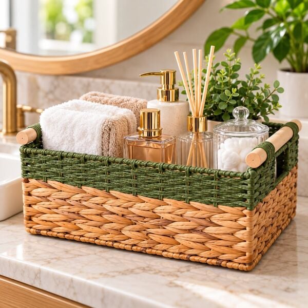 Bahçem Dekoratif Water Hyacinth / Su Sümbülü Dikdörtgen Yeşil Detaylı Ahşap Kulplu Sepet 3'lü Takım Set