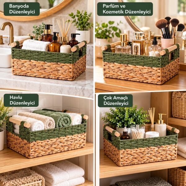 Bahçem Dekoratif Water Hyacinth / Su Sümbülü Dikdörtgen Yeşil Detaylı Ahşap Kulplu Sepet 3'lü Takım Set