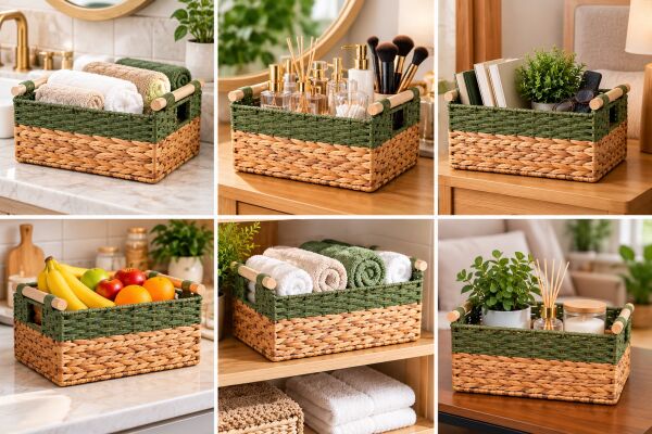 Bahçem Dekoratif Water Hyacinth / Su Sümbülü Dikdörtgen Yeşil Detaylı Ahşap Kulplu Sepet 3'lü Takım Set
