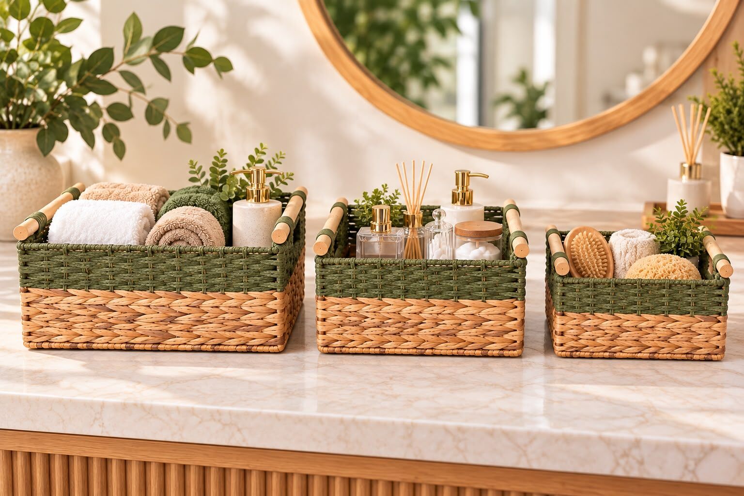 Bahçem Dekoratif Water Hyacinth / Su Sümbülü Dikdörtgen Yeşil Detaylı Ahşap Kulplu Sepet 3'lü Takım Set