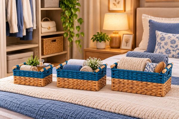 Bahçem Dekoratif Water Hyacinth / Su Sümbülü Dikdörtgen Mavi Detaylı Ahşap Kulplu Sepet 3'lü Takım Set