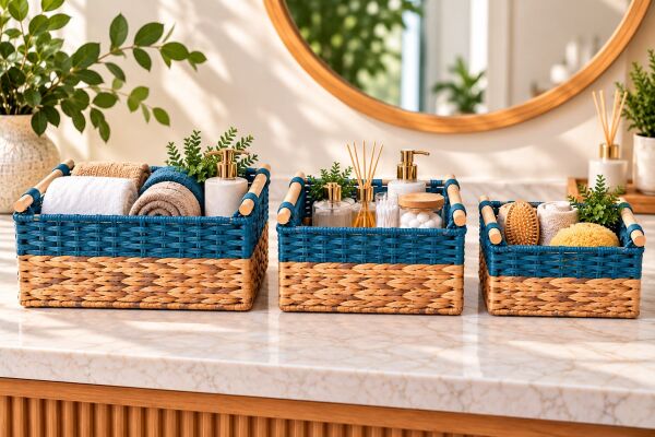 Bahçem Dekoratif Water Hyacinth / Su Sümbülü Dikdörtgen Mavi Detaylı Ahşap Kulplu Sepet 3'lü Takım Set