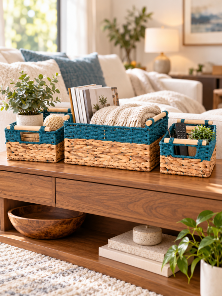 Bahçem Dekoratif Water Hyacinth / Su Sümbülü Dikdörtgen Mavi Detaylı Ahşap Kulplu Sepet 3'lü Takım Set