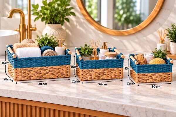 Bahçem Dekoratif Water Hyacinth / Su Sümbülü Dikdörtgen Mavi Detaylı Ahşap Kulplu Sepet 3'lü Takım Set