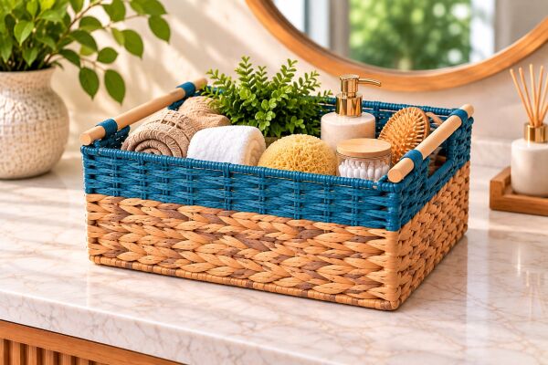 Bahçem Dekoratif Water Hyacinth / Su Sümbülü Dikdörtgen Mavi Detaylı Ahşap Kulplu Sepet 3'lü Takım Set