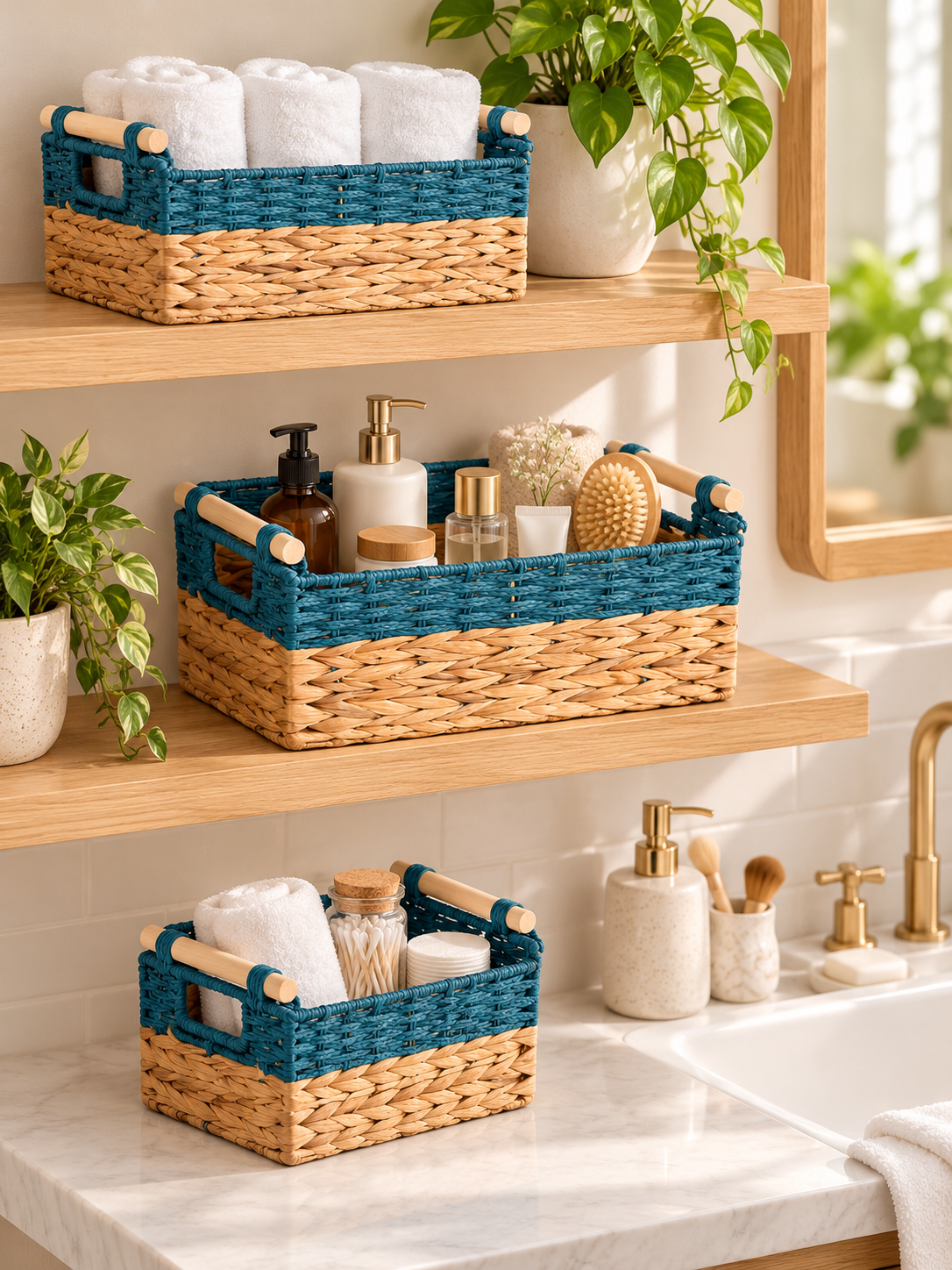 Bahçem Dekoratif Water Hyacinth / Su Sümbülü Dikdörtgen Mavi Detaylı Ahşap Kulplu Sepet 3'lü Takım Set
