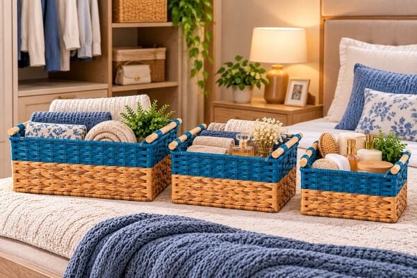 Bahçem Dekoratif Water Hyacinth / Su Sümbülü Dikdörtgen Mavi Detaylı Ahşap Kulplu Sepet 3'lü Takım Set