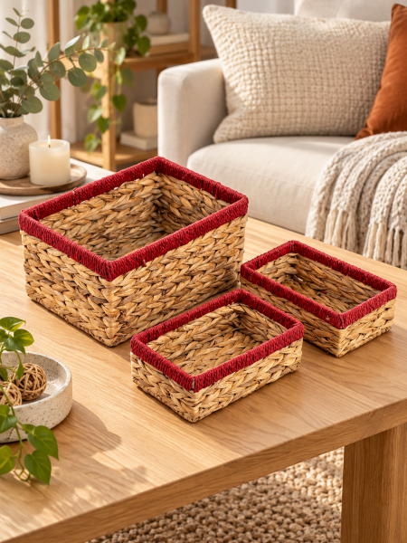 Bahçem Dekoratif Water Hyacinth / Su Sümbülü Dikdörtgen Kırmızı Detaylı Sepet 3'lü Takım Set