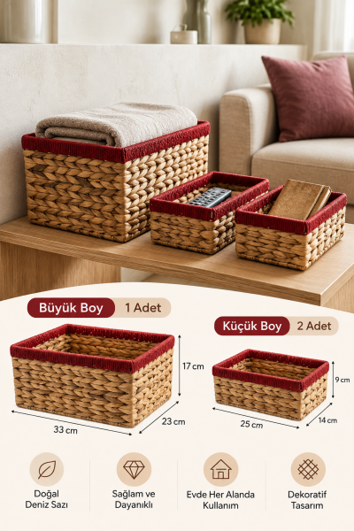 Bahçem Dekoratif Water Hyacinth / Su Sümbülü Dikdörtgen Kırmızı Detaylı Sepet 3'lü Takım Set