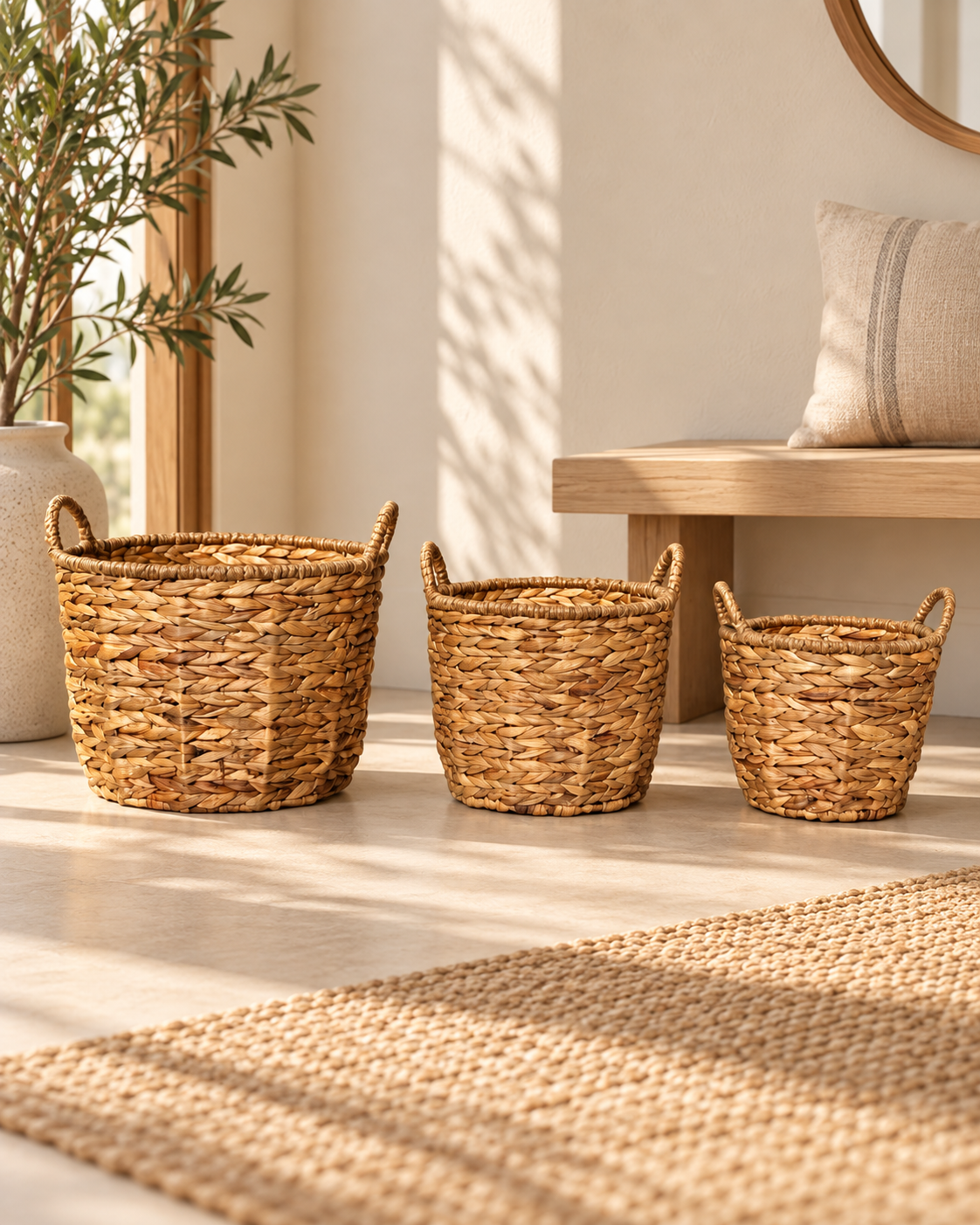 Bahçem Bahçem Dekoratif Saklama Sepeti Hasır Water Hyacinth / Su Sümbülü Yuvarlak 3'Lü Takım Set