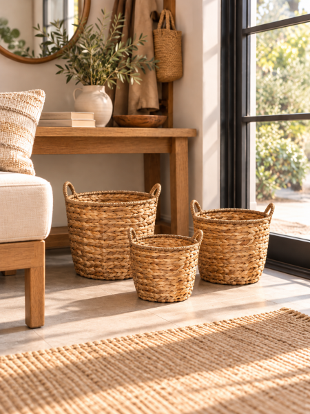 Bahçem Bahçem Dekoratif Saklama Sepeti Hasır Water Hyacinth / Su Sümbülü Yuvarlak 3'Lü Takım Set