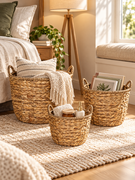 Bahçem Bahçem Dekoratif Saklama Sepeti Hasır Water Hyacinth / Su Sümbülü Yuvarlak 3'Lü Takım Set