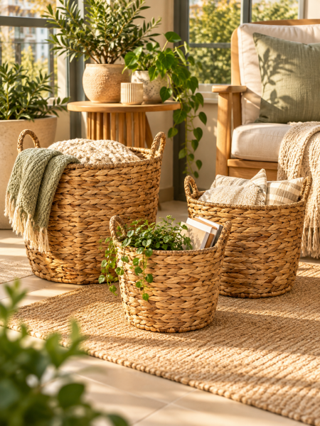 Bahçem Bahçem Dekoratif Saklama Sepeti Hasır Water Hyacinth / Su Sümbülü Yuvarlak 3'Lü Takım Set