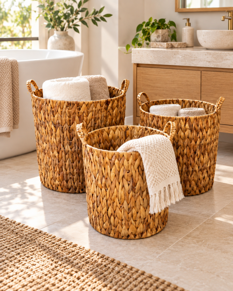 Bahçem Dekoratif Saklama Sepeti Hasır Rattan Water Hyacinth/Su Sümbülü Yuvarlak 3'Lü Takım Set