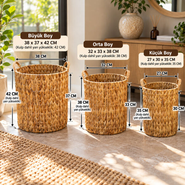 Bahçem Dekoratif Saklama Sepeti Hasır Rattan Water Hyacinth/Su Sümbülü Yuvarlak 3'Lü Takım Set