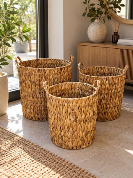 Bahçem Dekoratif Saklama Sepeti Hasır Rattan Water Hyacinth/Su Sümbülü Yuvarlak 3'Lü Takım Set