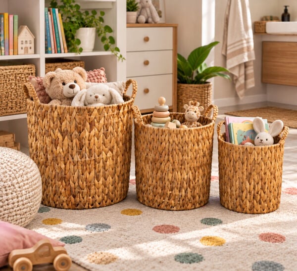 Bahçem Dekoratif Saklama Sepeti Hasır Rattan Water Hyacinth/Su Sümbülü Yuvarlak 3'Lü Takım Set