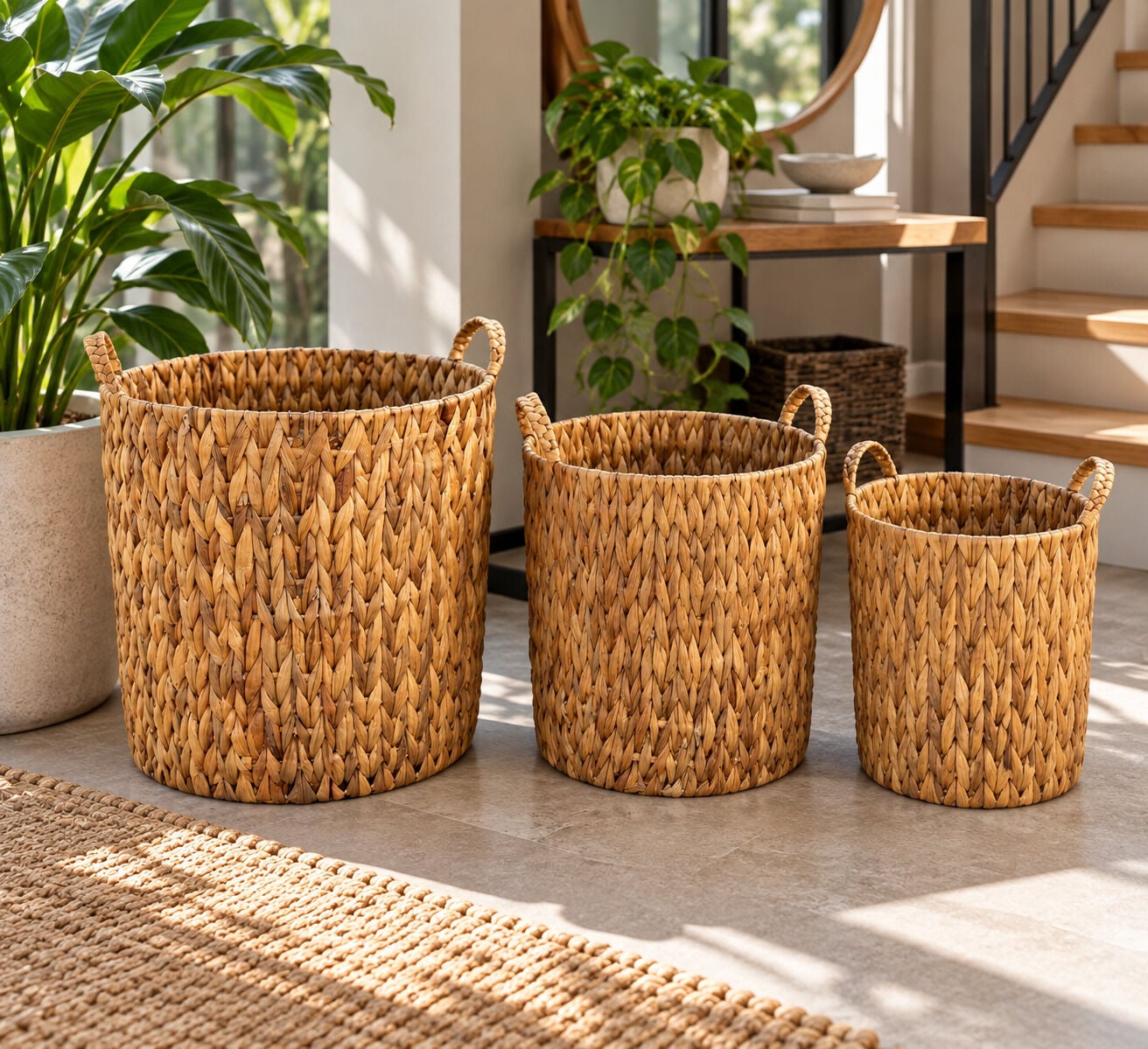 Bahçem Dekoratif Saklama Sepeti Hasır Rattan Water Hyacinth/Su Sümbülü Yuvarlak 3'Lü Takım Set