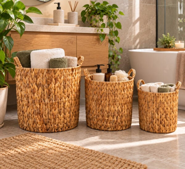Bahçem Dekoratif Saklama Sepeti Hasır Rattan Water Hyacinth/Su Sümbülü Yuvarlak 3'Lü Takım Set