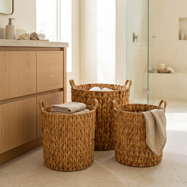 Bahçem Dekoratif Saklama Sepeti Hasır Rattan Water Hyacinth/Su Sümbülü Yuvarlak 3'Lü Takım Set