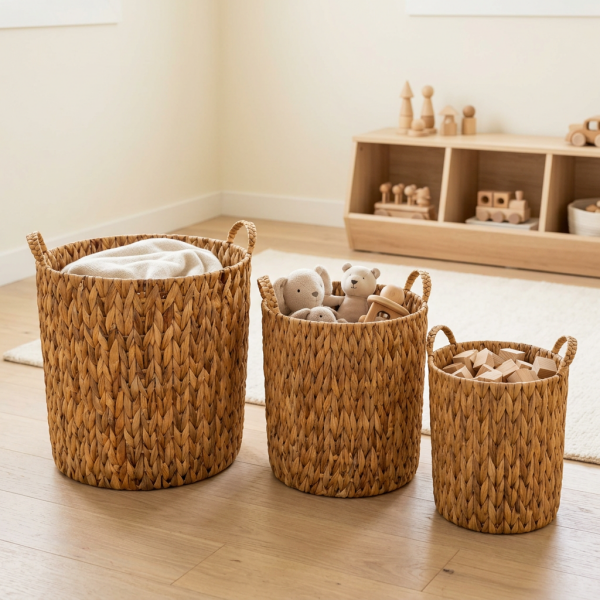 Bahçem Dekoratif Saklama Sepeti Hasır Rattan Water Hyacinth/Su Sümbülü Yuvarlak 3'Lü Takım Set