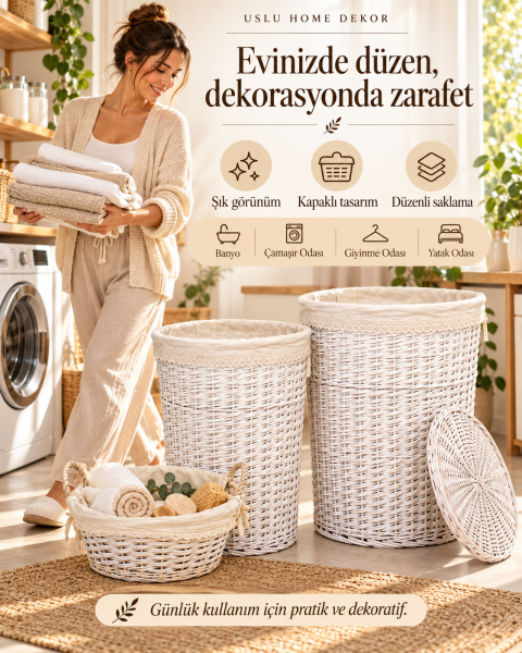 Bahçem Yuvarlak Kapaklı Beyaz Hasır 4'lü Set Kirli Çamaşır Sepeti Astarlı