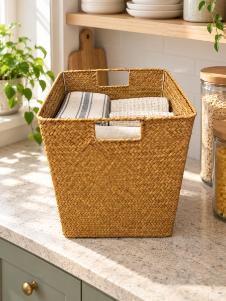 Bahçem Kulplu Kare Doğal Bambu Saklama Sepeti Dekoratif Organizer Düzenleyici 29x29x30 cm