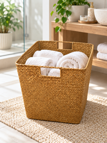 Bahçem Kulplu Kare Doğal Bambu Saklama Sepeti Dekoratif Organizer Düzenleyici 29x29x30 cm