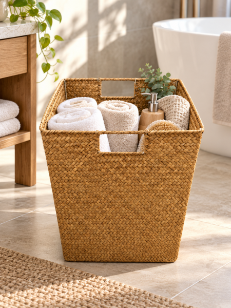 Bahçem Kulplu Kare Doğal Bambu Saklama Sepeti Dekoratif Organizer Düzenleyici 29x29x30 cm