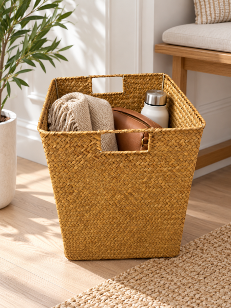 Bahçem Kulplu Kare Doğal Bambu Saklama Sepeti Dekoratif Organizer Düzenleyici 29x29x30 cm