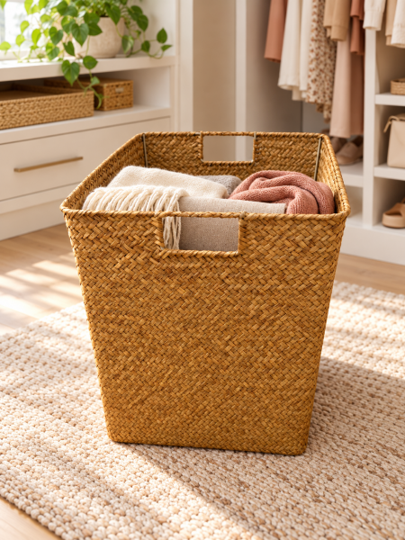 Bahçem Kulplu Kare Doğal Bambu Saklama Sepeti Dekoratif Organizer Düzenleyici 29x29x30 cm