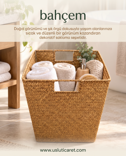 Bahçem Kulplu Kare Doğal Bambu Saklama Sepeti Dekoratif Organizer Düzenleyici 29x29x30 cm
