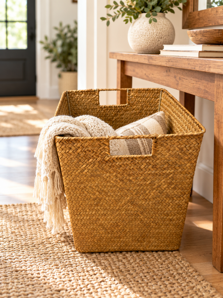 Bahçem Kulplu Kare Doğal Bambu Saklama Sepeti Dekoratif Organizer Düzenleyici 29x29x30 cm