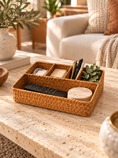 Bahçem Hasır Bölmeli Organizer Sepet Dekoratif Çok Amaçlı Banyo Makyaj Masa Üstü Düzenleyici 4 Bölmeli