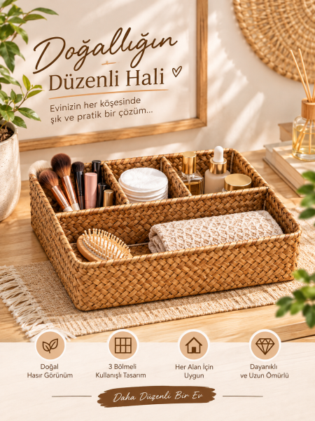 Bahçem Hasır Bölmeli Organizer Sepet Dekoratif Çok Amaçlı Banyo Makyaj Masa Üstü Düzenleyici 4 Bölmeli