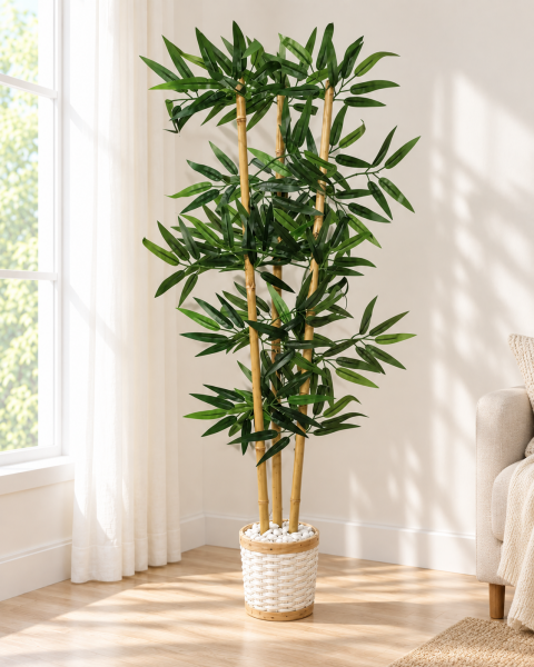 Bahçem Dekoratif Pwc Rattan Saksılı Ahsap Detaylı Yapay Yoğun Yapraklı Dekoratif Bambu Ağacı 3 Gövde 110cm