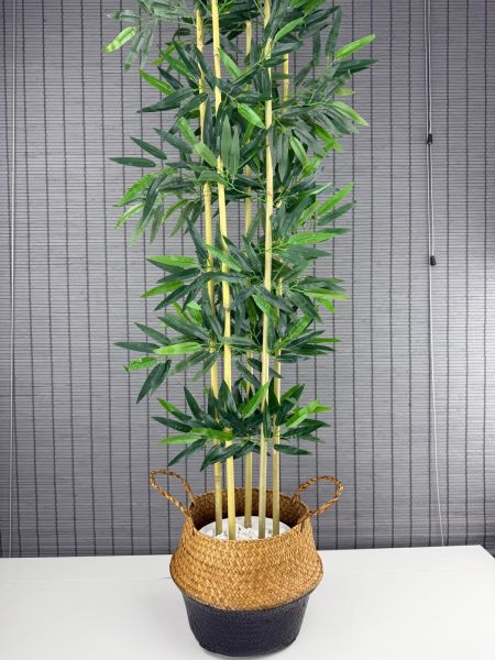 Bahçem Dekoratif Yapay Yapraklı 160cm 5 Gövde Katlanır Natural-Siyah Hasır Bambu Sepetli Bambu Ağacı