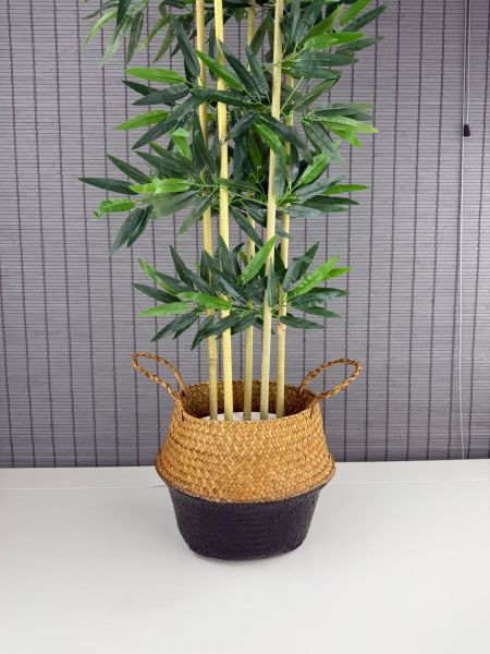Bahçem Dekoratif Yapay Yapraklı 160cm 5 Gövde Katlanır Natural-Siyah Hasır Bambu Sepetli Bambu Ağacı